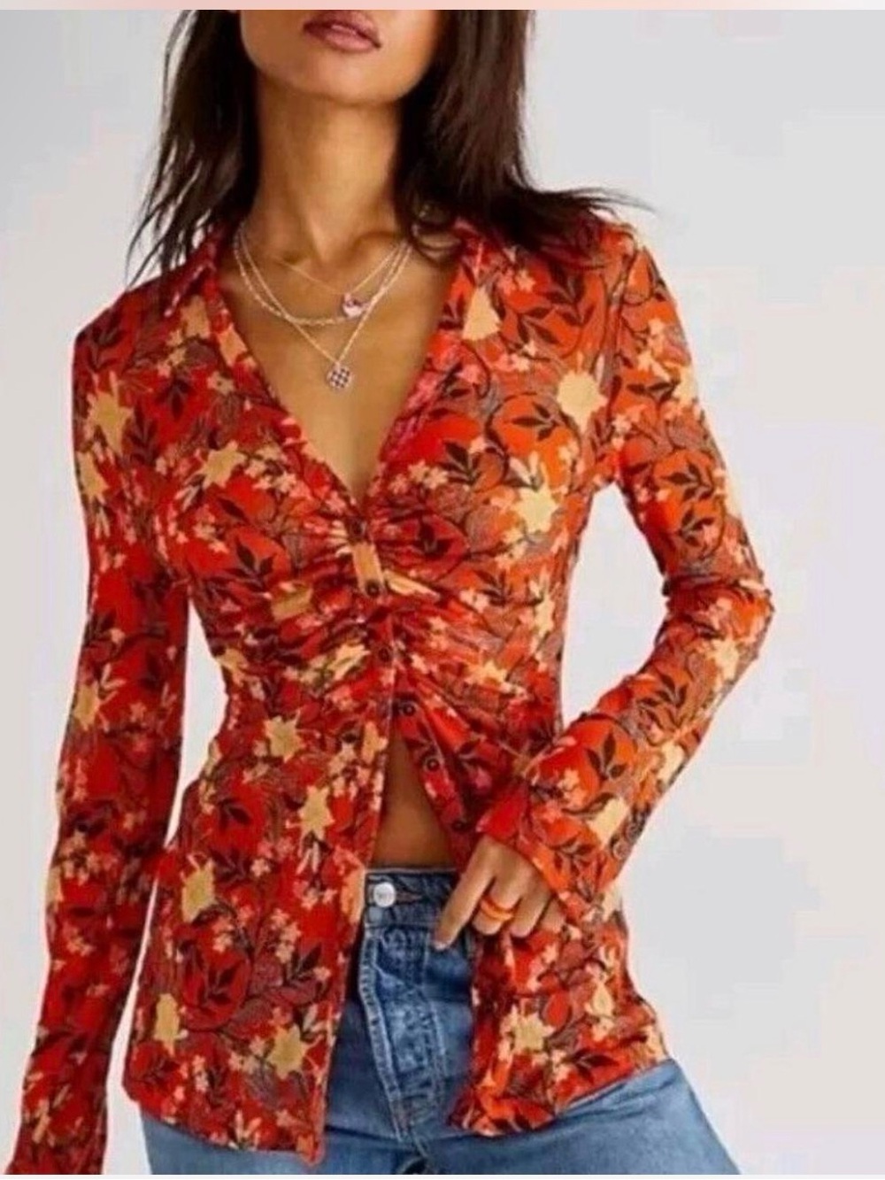 Free People button down Lucky Shirtee Size XS Floral Red Mesh Women's Top
